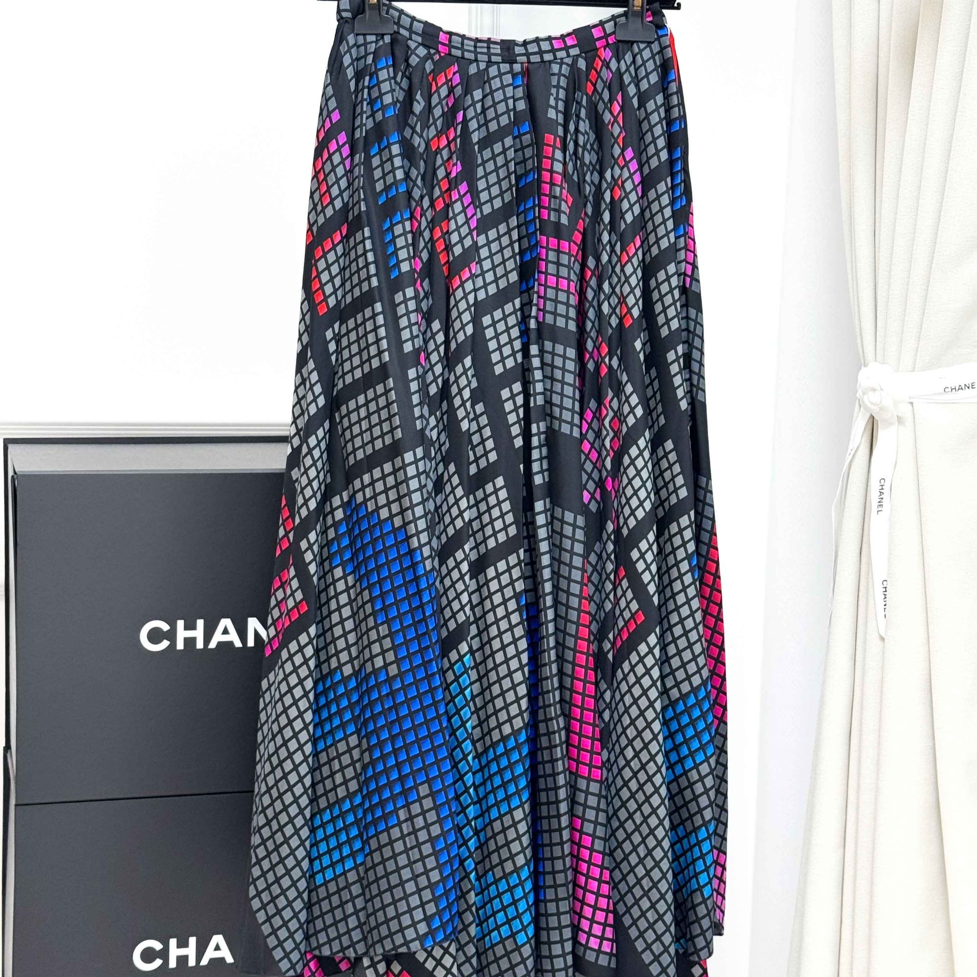 99新 Chanel/香奈儿 38码航站楼系列混色格子大双C百褶半身裙