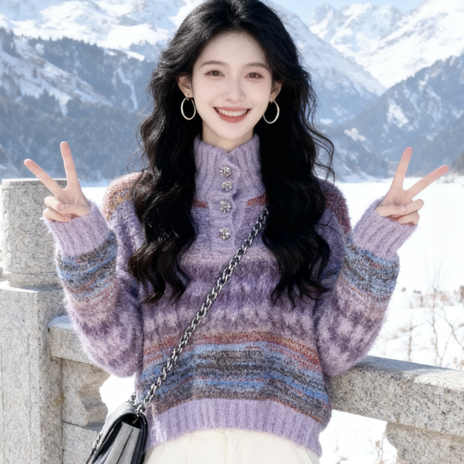 《猪猪出品》慵懒风紫色翻领钻扣条纹毛针织衫外穿毛衣网红套头