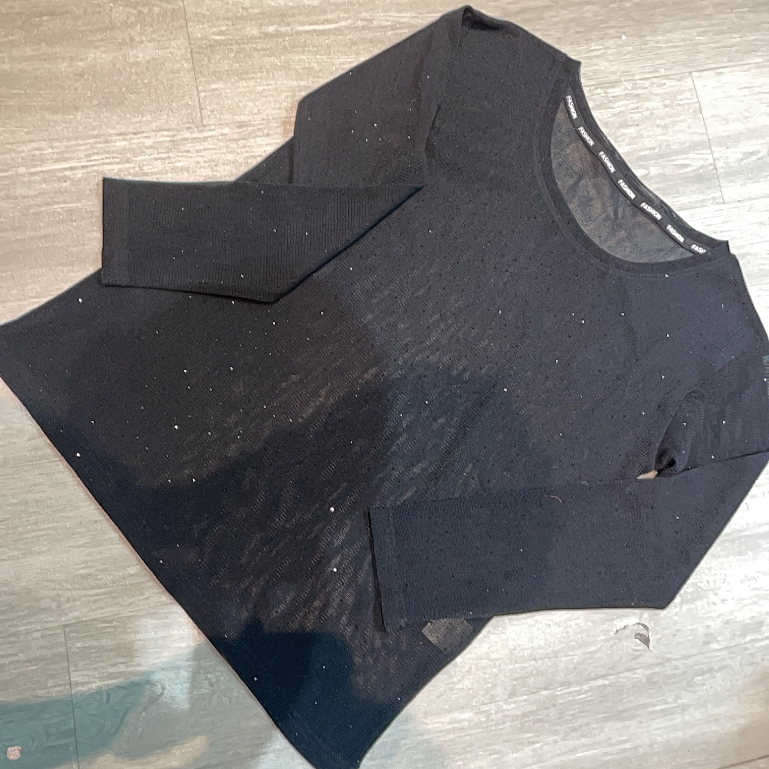 黑色烫钻低领长袖网纱微透打底衫女春秋薄款内搭纱衣-果梓708