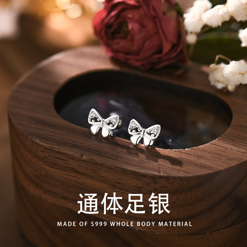 足银合成锆石耳饰 999银蝴蝶耳钉女小清新甜美耳骨钉免摘养耳洞