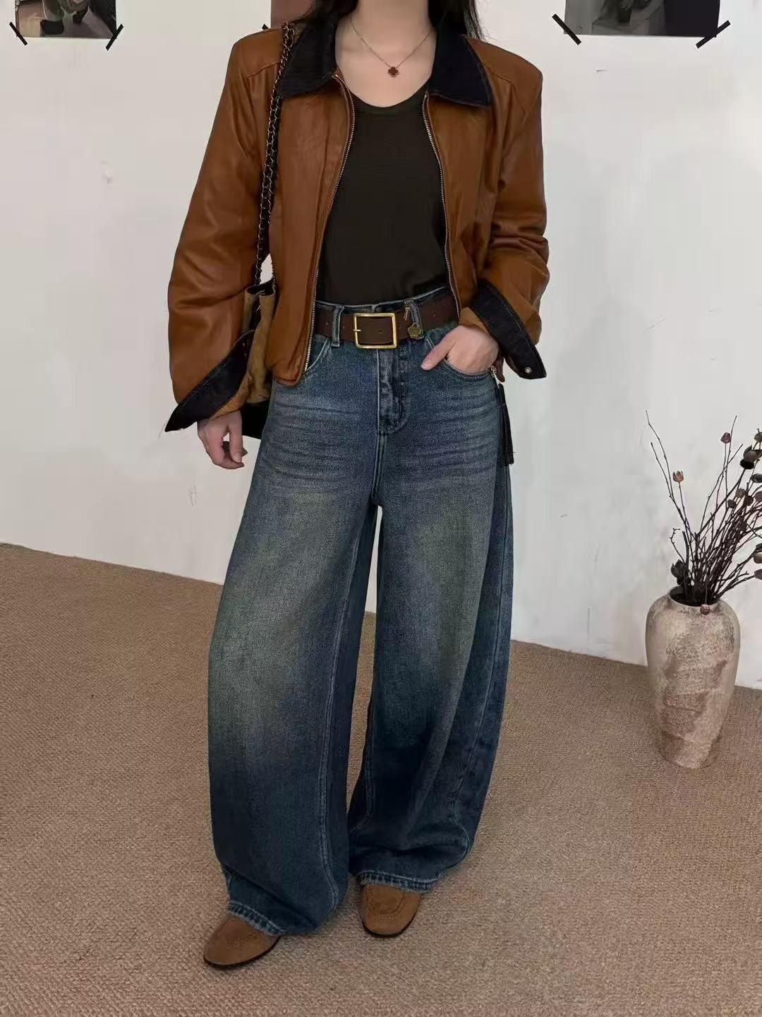 25918-3562 加绒加厚复古港风网红复古弯刀牛仔裤