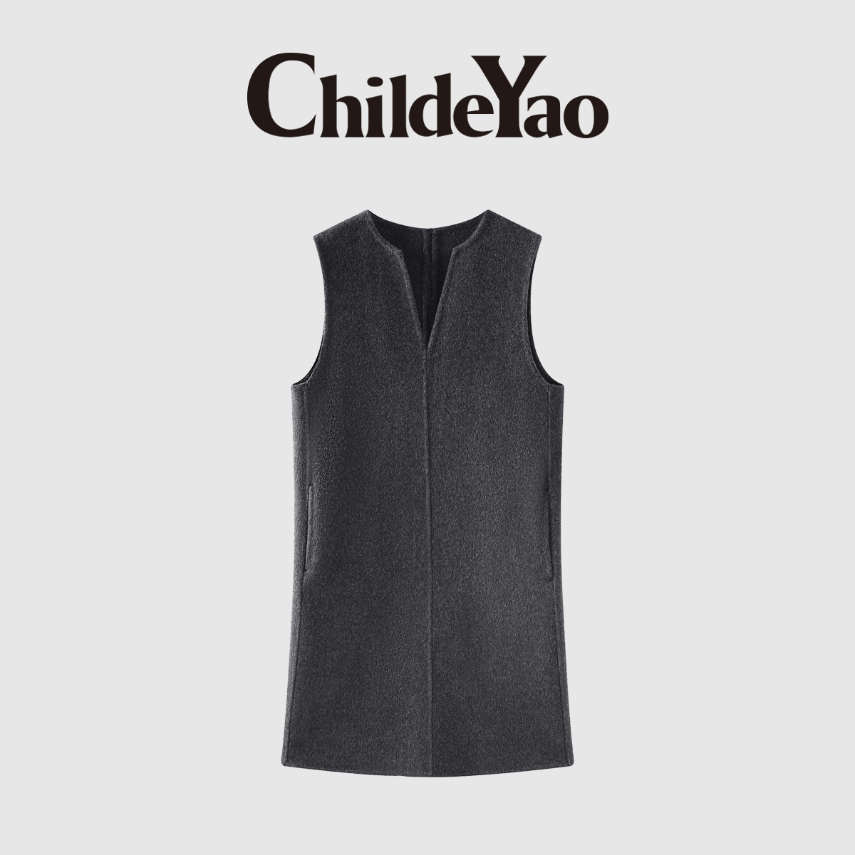 CHILDE YAO100%绵羊毛毛呢连衣裙女V领无袖叠穿毛呢裙CYC58357
