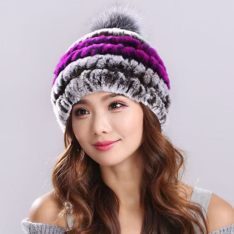 新款獭兔毛帽子洋气真皮草狐狸毛球秋冬季女高弹保暖加厚百搭时尚