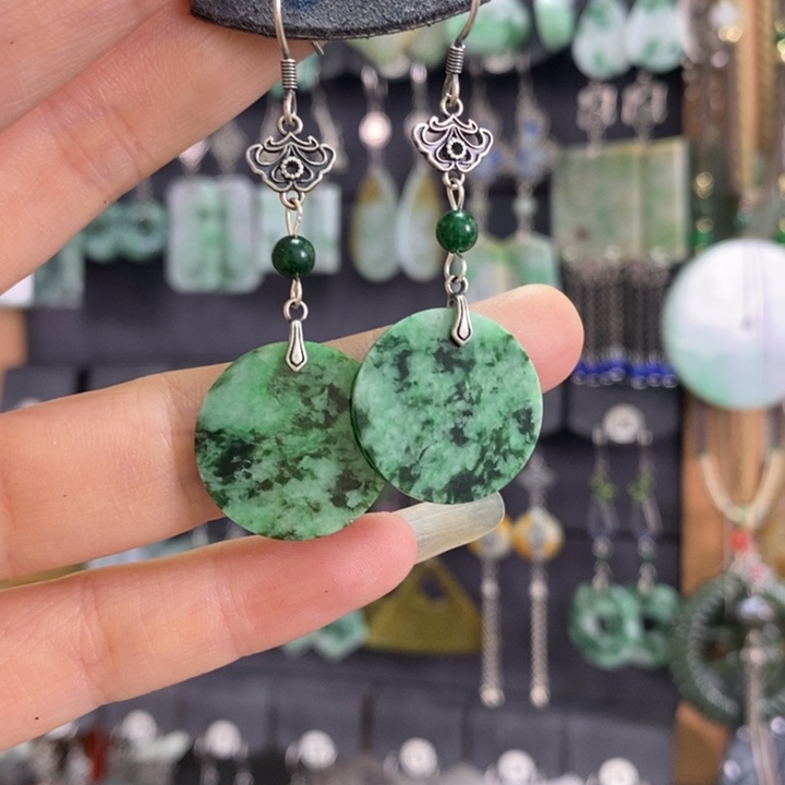 翡翠耳饰银S925镶嵌耳坠