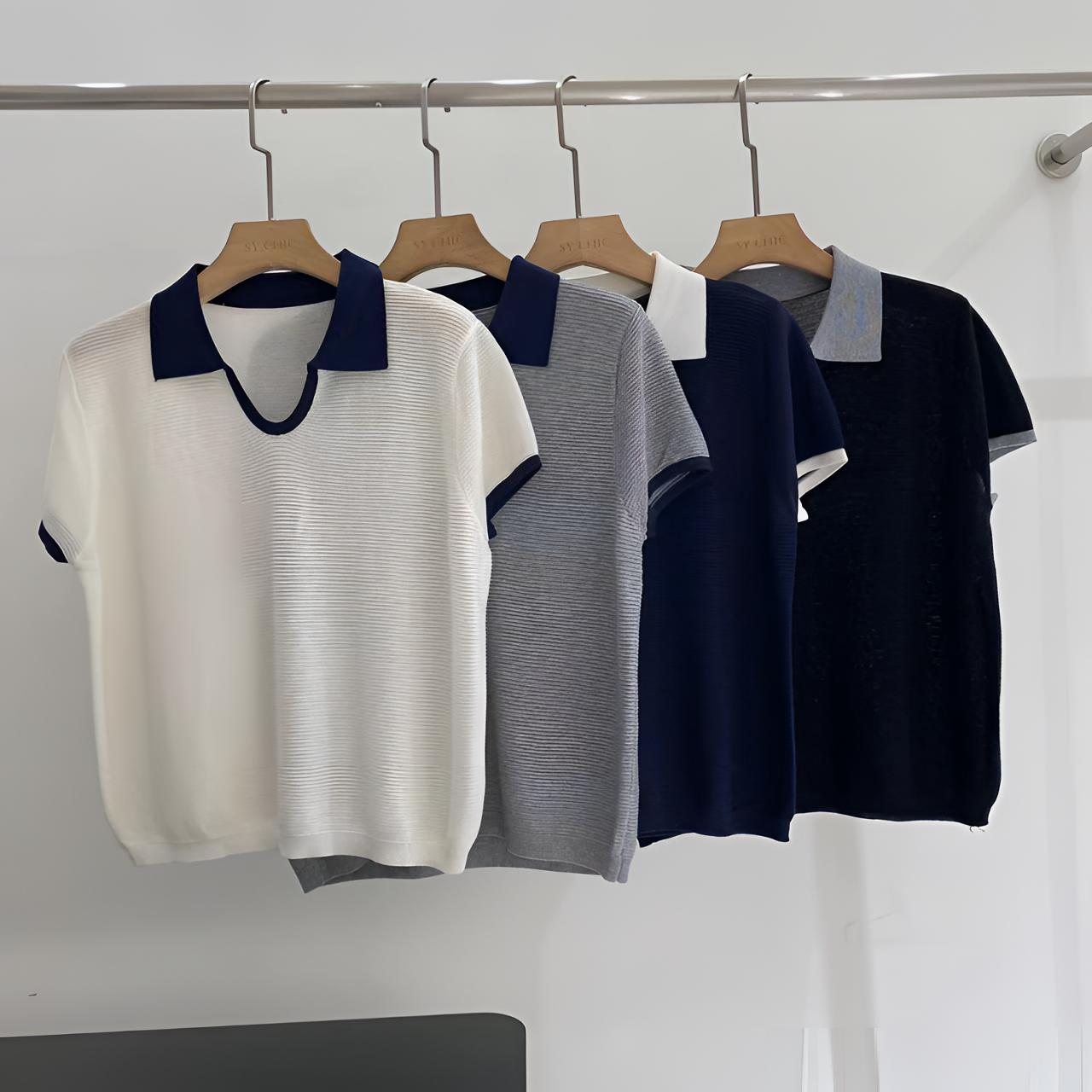 透气静奢风染色短袖2025年夏季新款翻领T恤针织拼接潮流显瘦5550