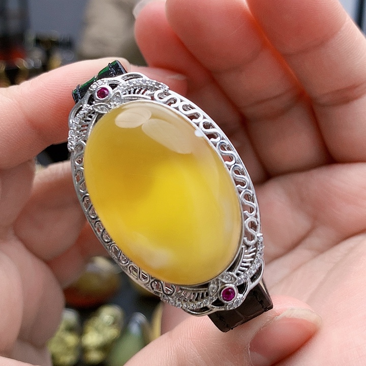 琥珀裸石银S925镶嵌手镯