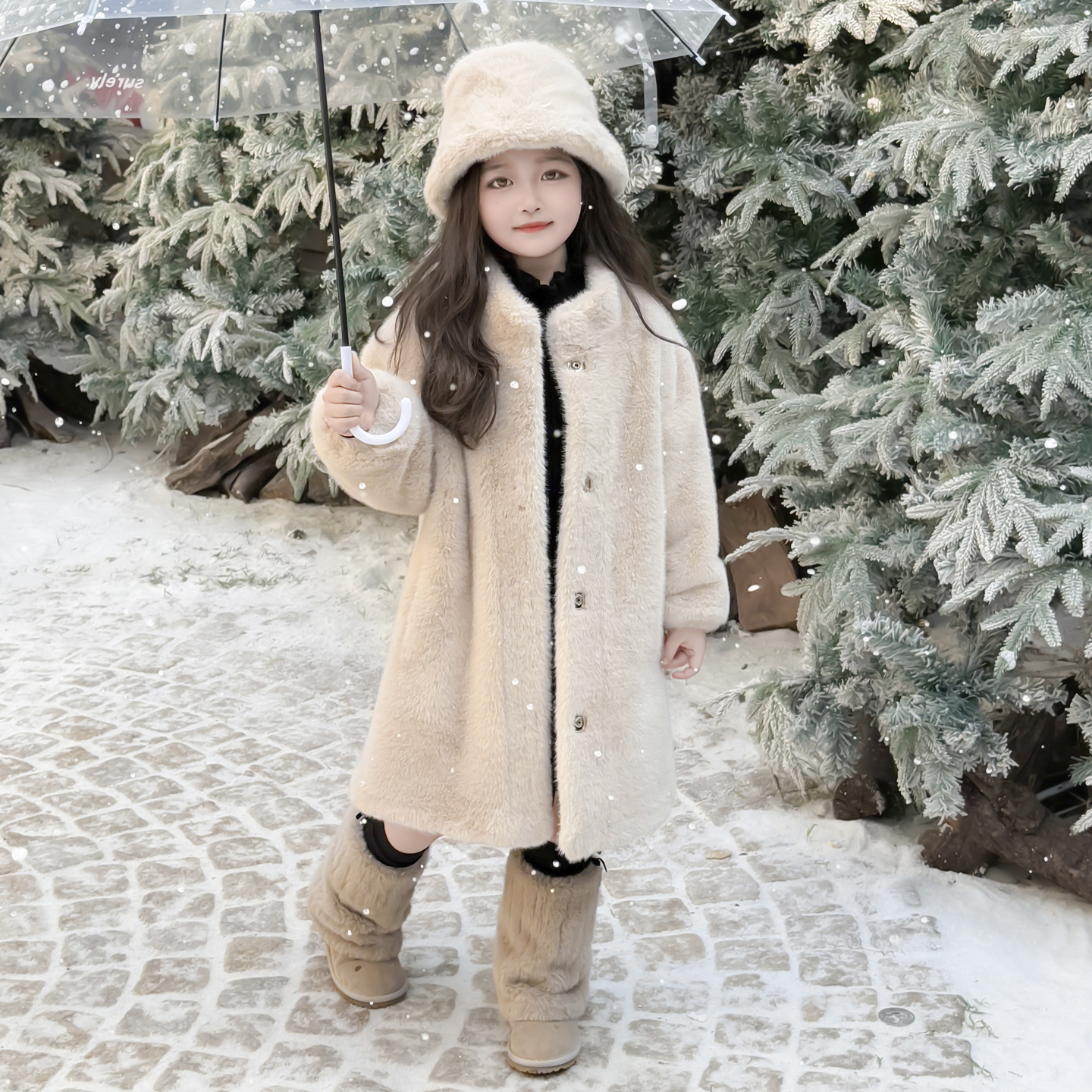 女童皮毛一体毛毛外套加绒加厚款仿貂绒中长款大衣送同款帽子