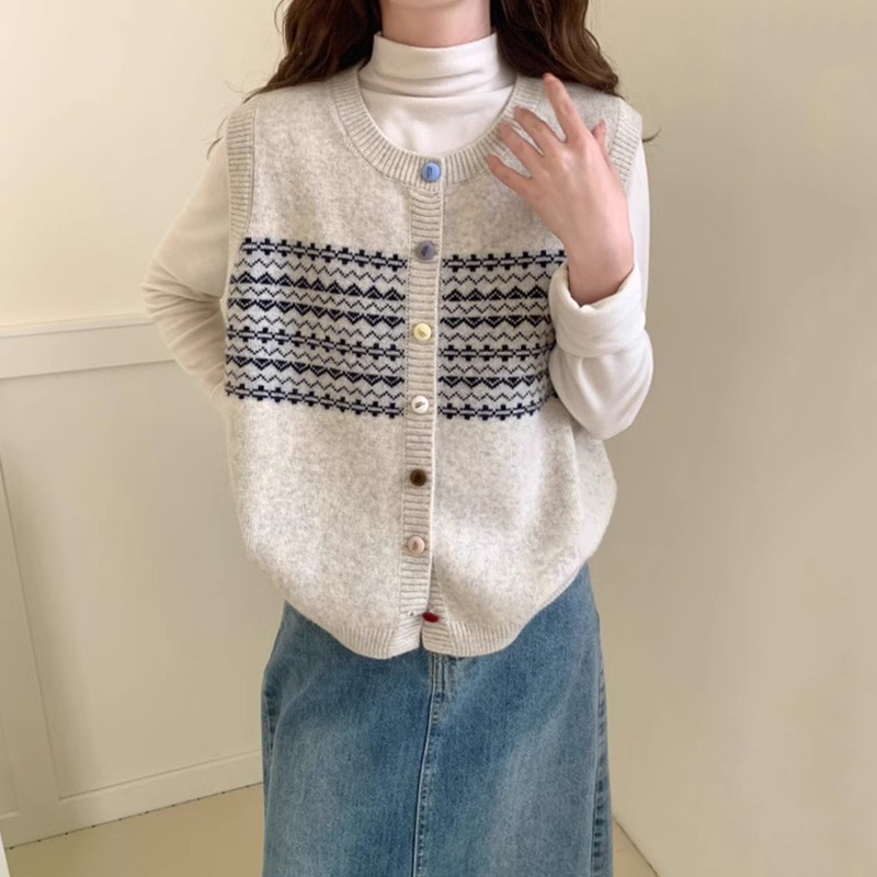 3374提花复古圆领针织开衫马夹女秋装设计感休闲百搭叠穿毛衣背心