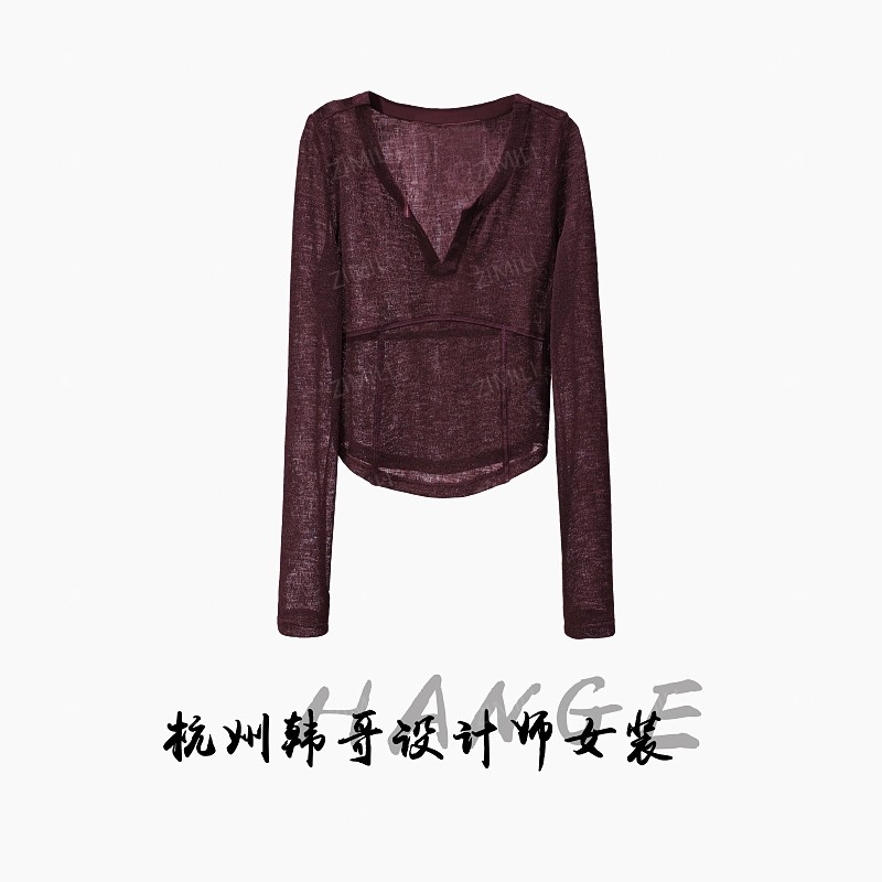 【韩哥女装】酒红色简约气质感V领时尚修身显瘦长袖网纱衫7818-A5