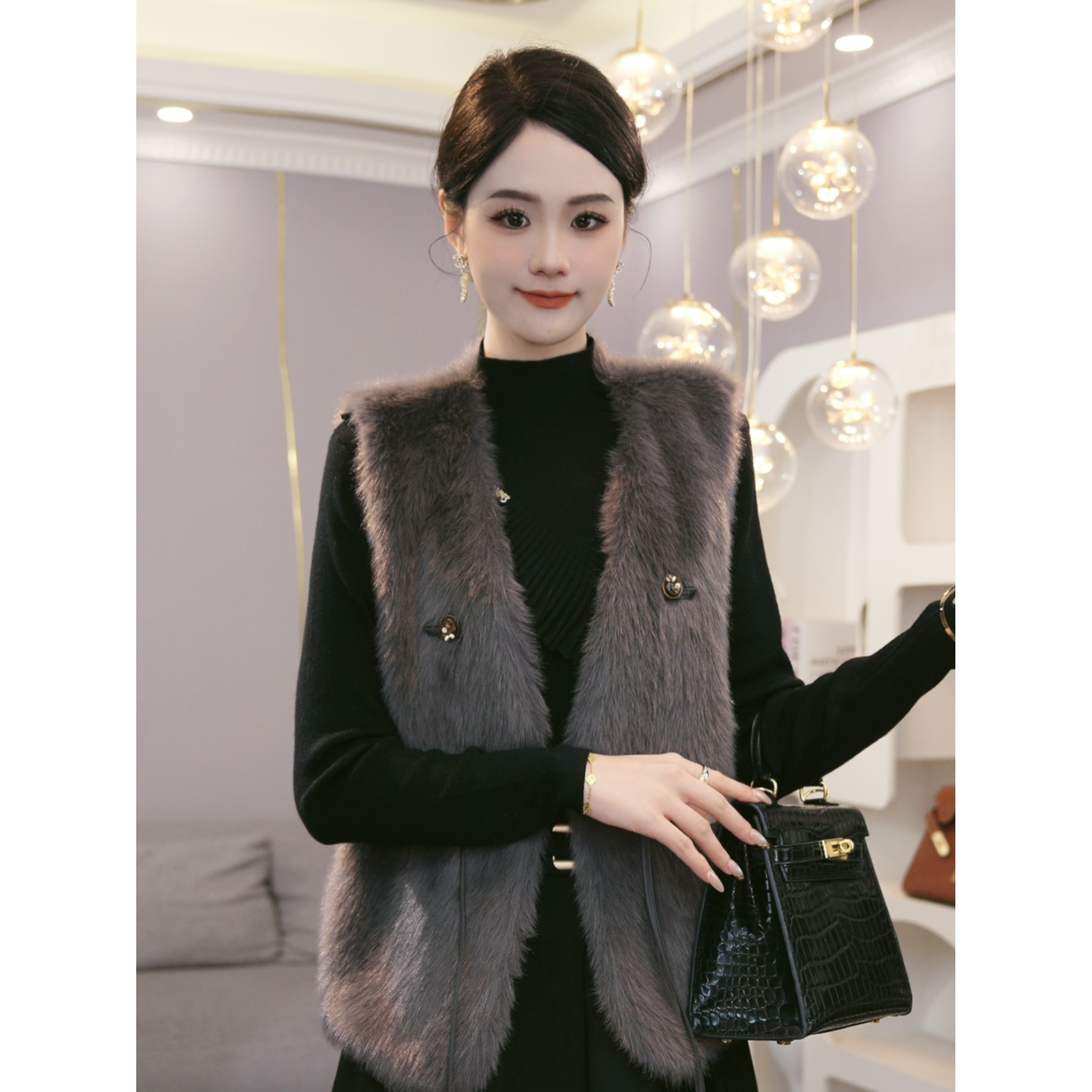 2026秋季新款【8505】仿水貂绒无袖马甲外套环保毛皮一体坎肩马甲