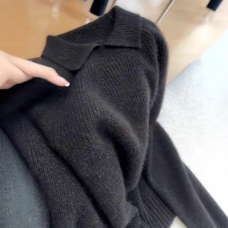 大码女装慵懒风灰色翻领针织衫女款2025秋冬新款毛衣内搭打底上衣