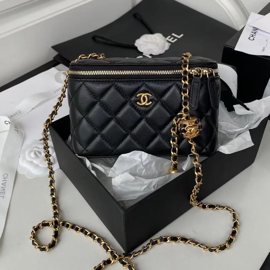 95新 Chanel/香奈儿 艾瑟尔中古/黑金核桃金球盒子单肩包/7860