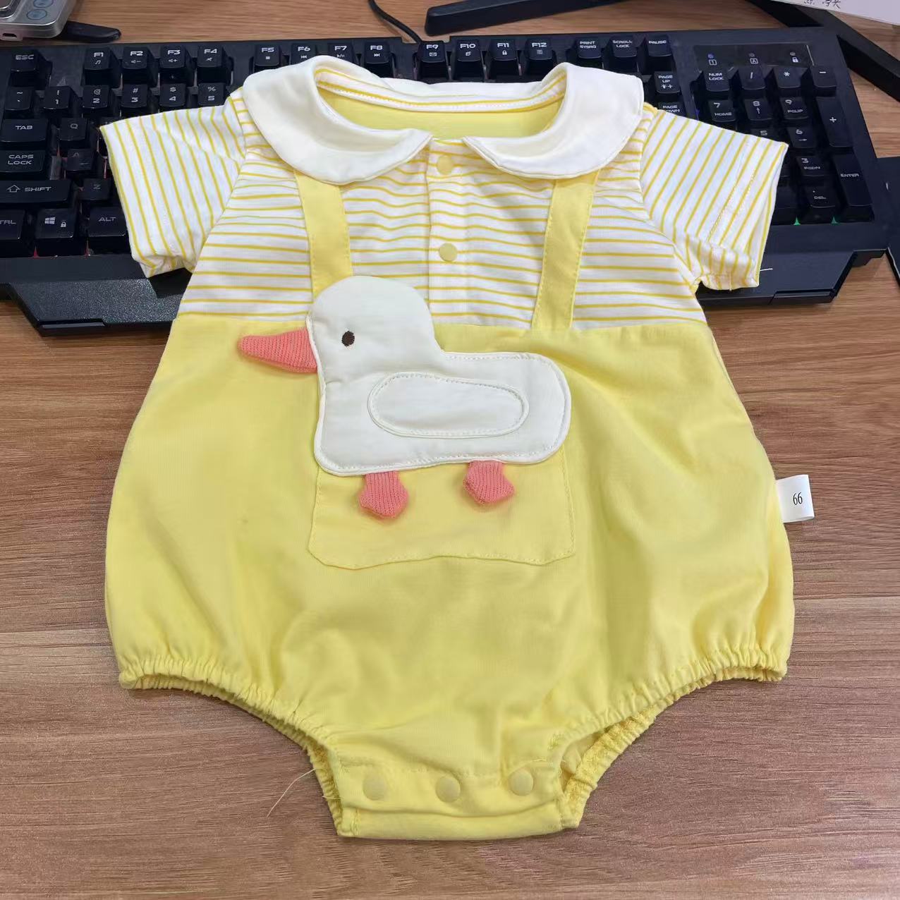 夏季婴儿娃娃领条纹拼接短袖哈衣小鸭假背带包屁衣