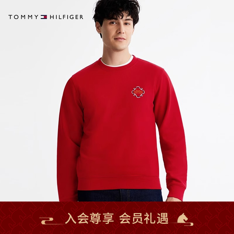 Tommy25春夏新男装蛇年休闲通勤刺绣纯色圆领内搭套头衫卫衣38046