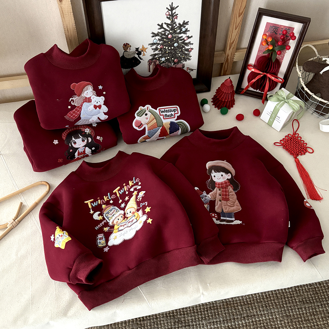 【拜年服】儿童加绒加厚拜年卫衣男童女宝葵花绒卡通印花洋气内搭