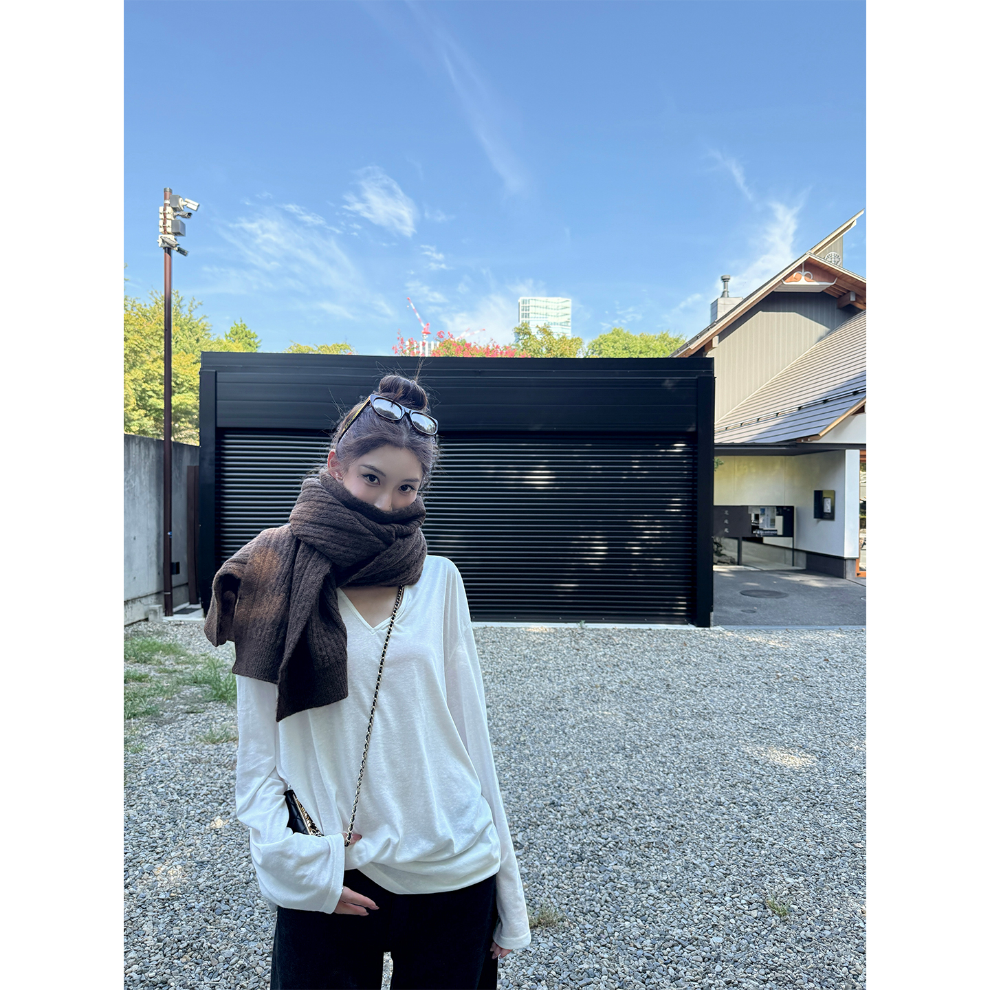 yangzifan 长袖宽松V领套头内搭打底衫女秋 慵懒天丝雪花微透上衣