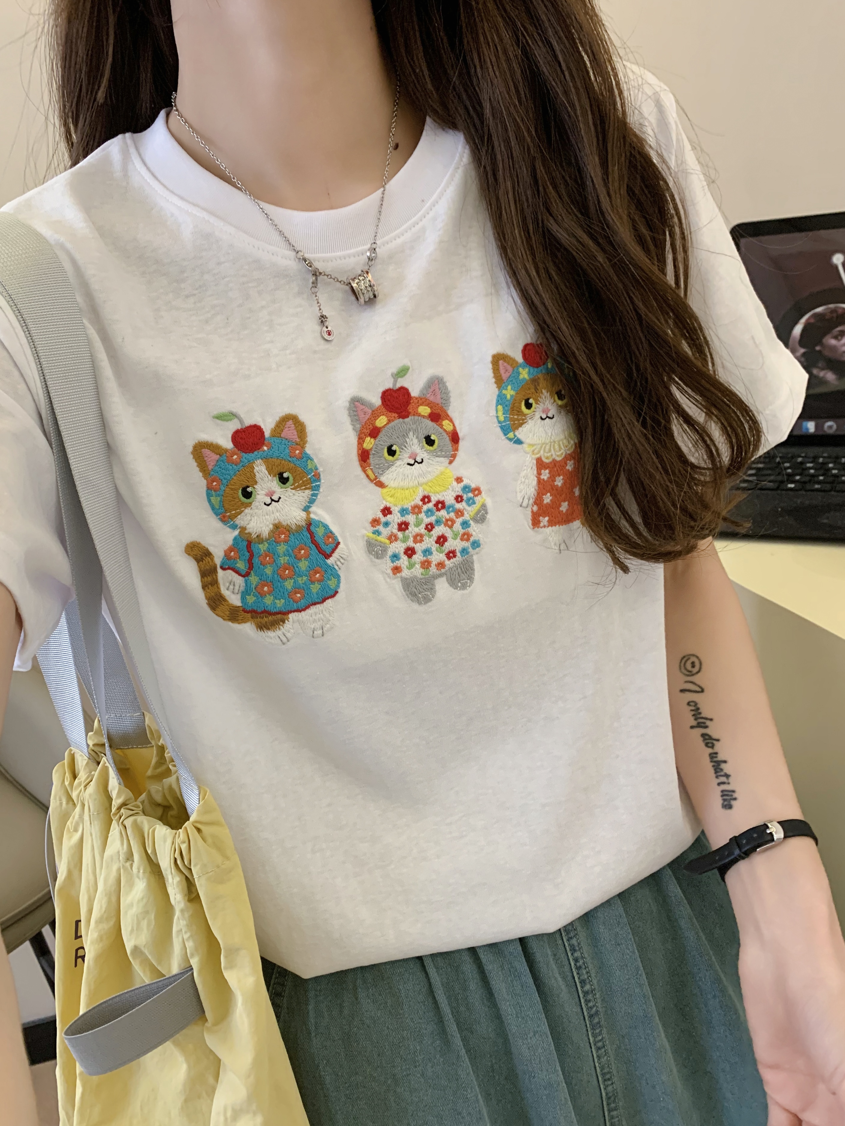 猫鼠熊精选刺绣百搭时尚宽松情侣短袖T恤显瘦夏季圆领设计感卡通
