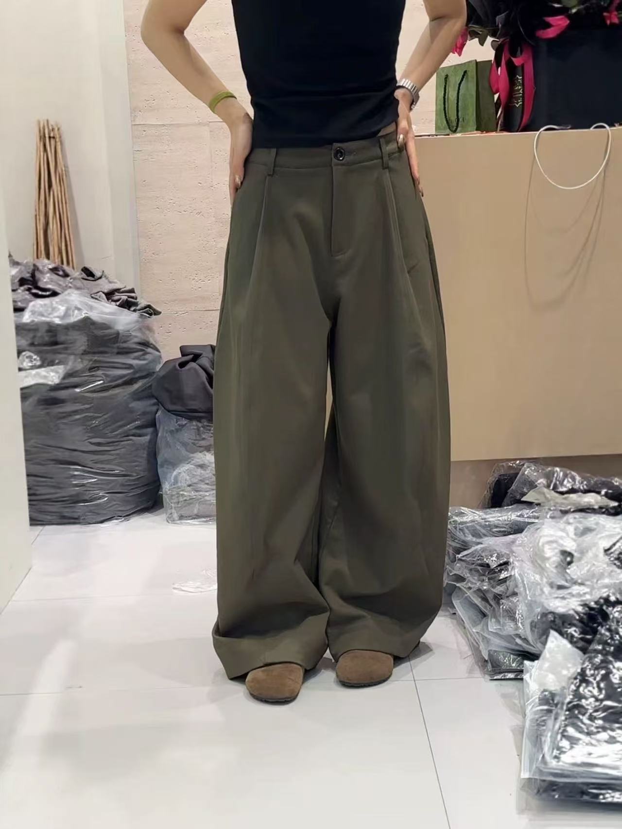 229-3502 军绿韩版裤子时尚宽松阔腿休闲西裤 220上青