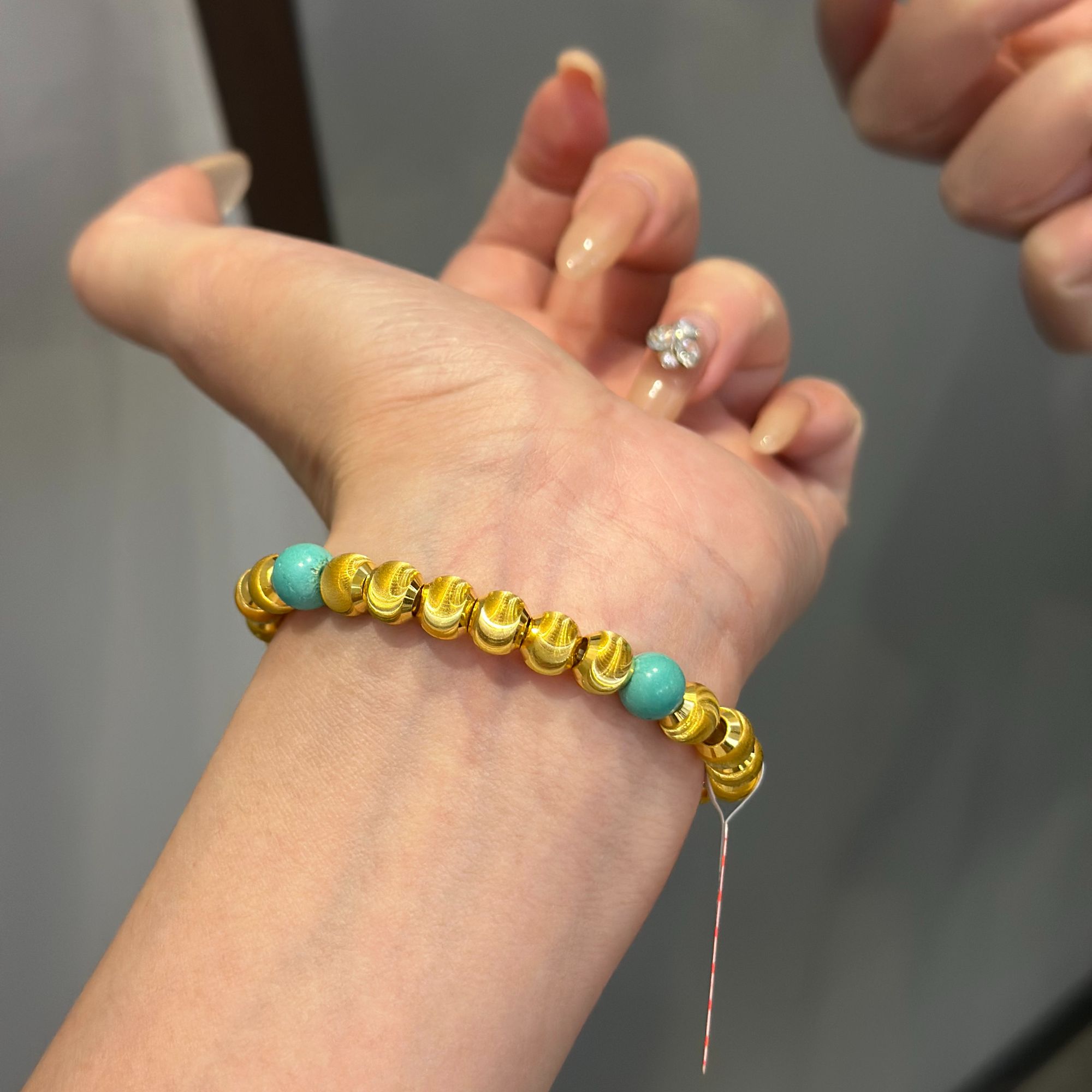 999足金5G工艺黄金绿松猫眼珠手串