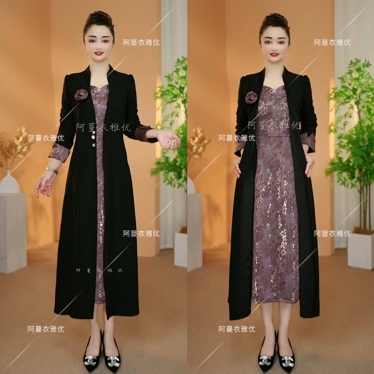 【衣雅严选】8088-2363#高定原版软精仿拼接琉璃缎假两件连衣裙