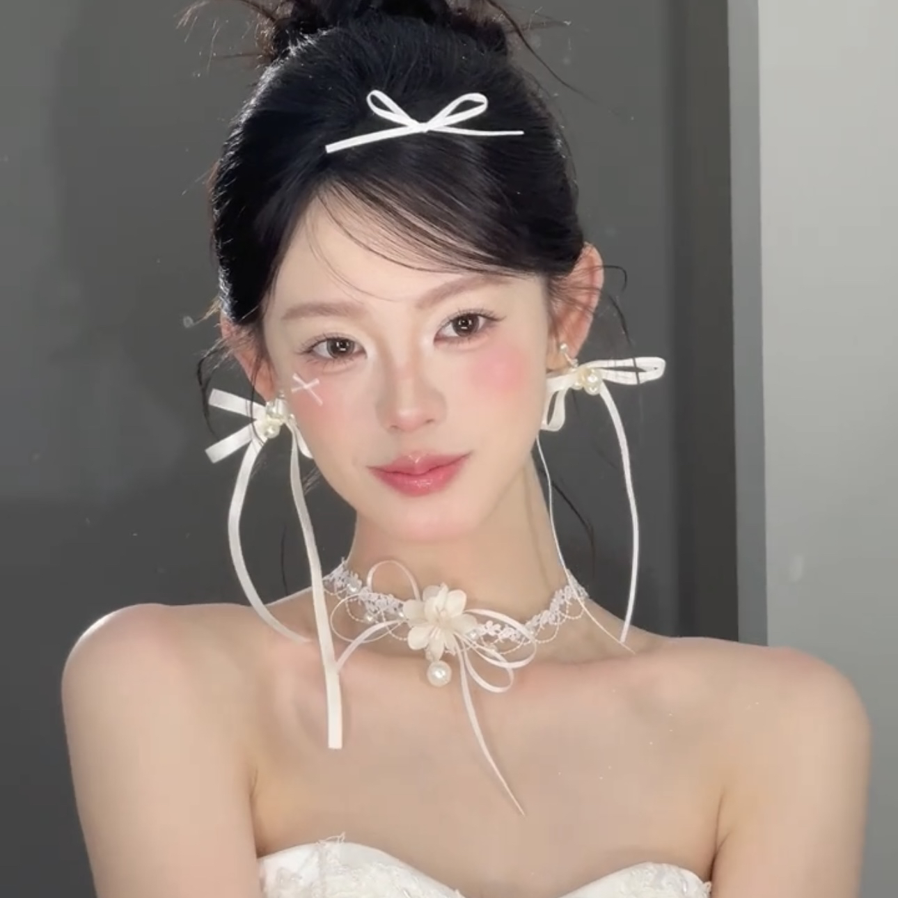 非金属布艺项链 T7050新款复古法式蝴蝶结项链耳夹套装