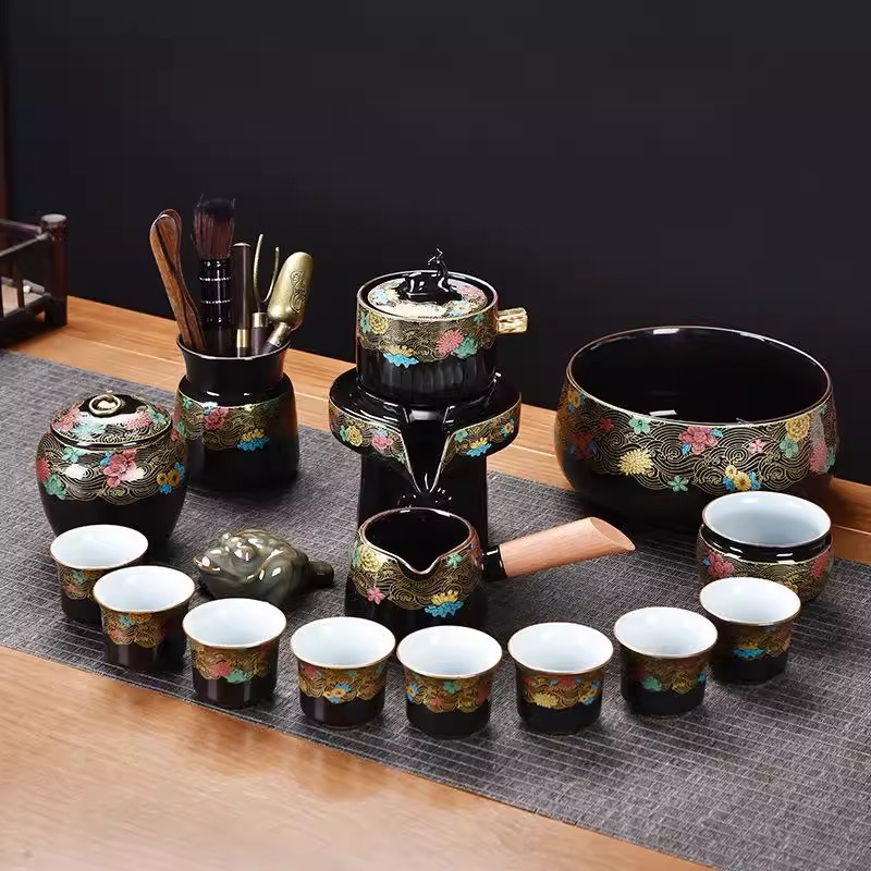 创意海浪花堆金懒人自动茶具套装家用陶瓷石磨泡茶壶大套