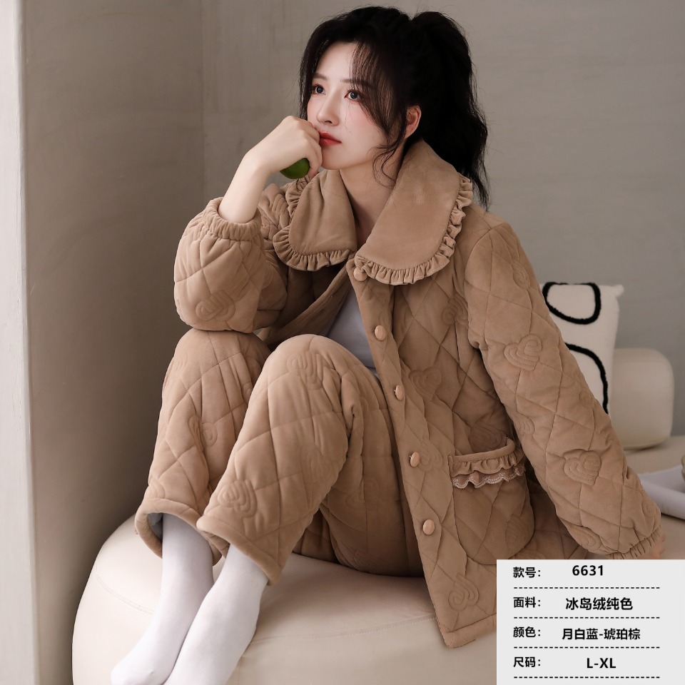 三层夹棉女款可外穿加绒睡衣休闲韩版纯色冬季大码保暖加厚时尚