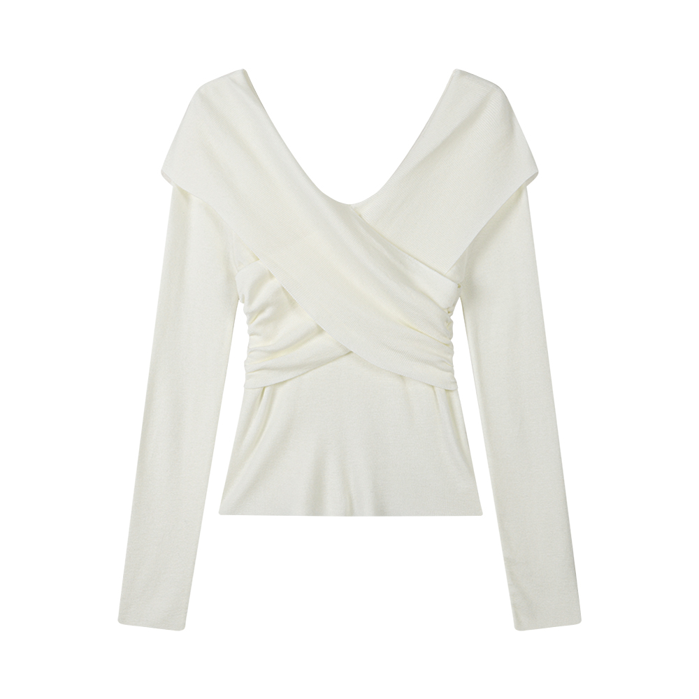 2025春秋纯欲辣妹时尚v领一字肩交叉修身显瘦长袖打底衫上衣I1-12