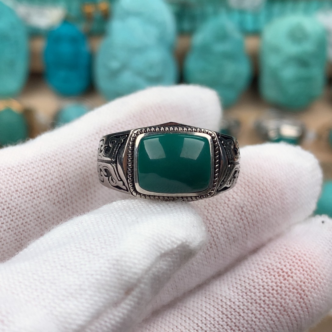 绿松石配饰银S925镶嵌男戒可调节
