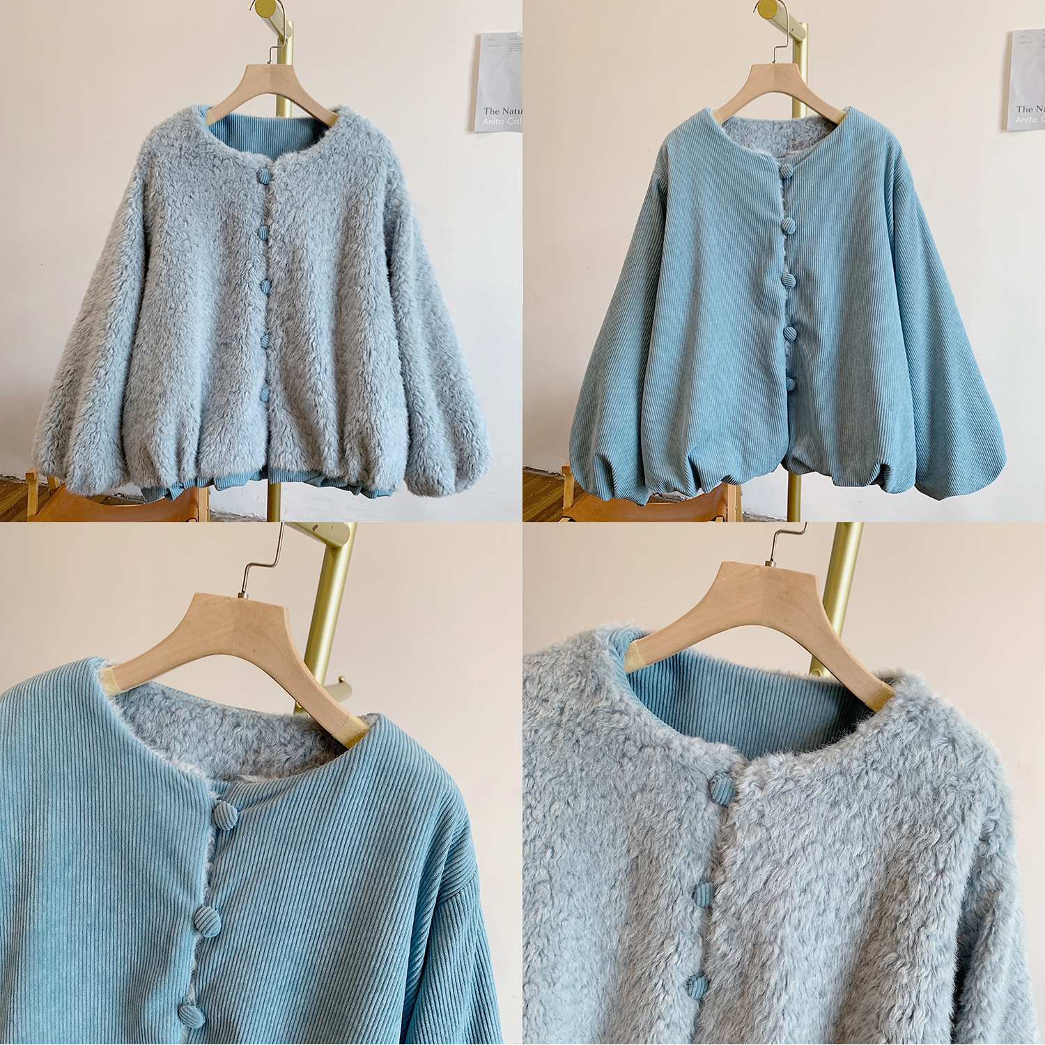 小南瓜-蓝C5426两面穿灯芯绒毛绒拼接圆领外套