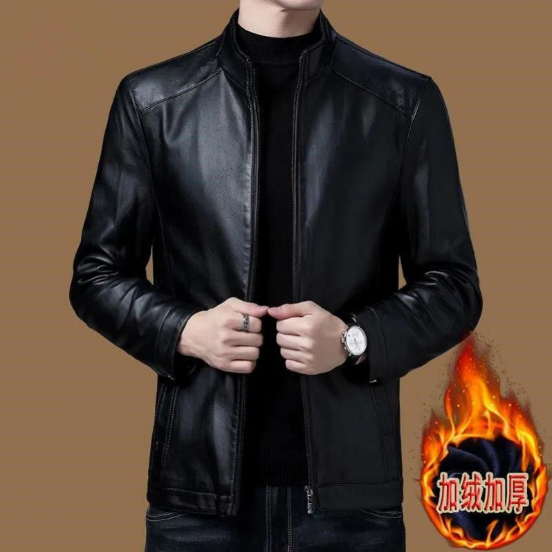 25冬季皮衣男款休闲百搭立领中年爸爸装机车夹克外套加绒款立领