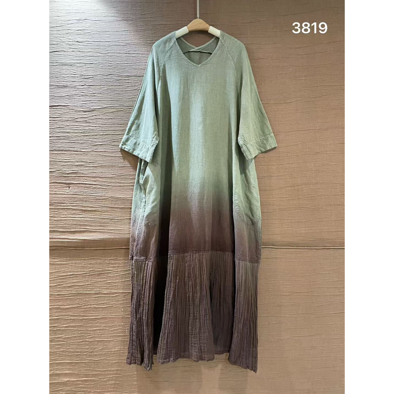 3819吊染亚麻炒色复古文艺连衣裙鱼尾连衣裙