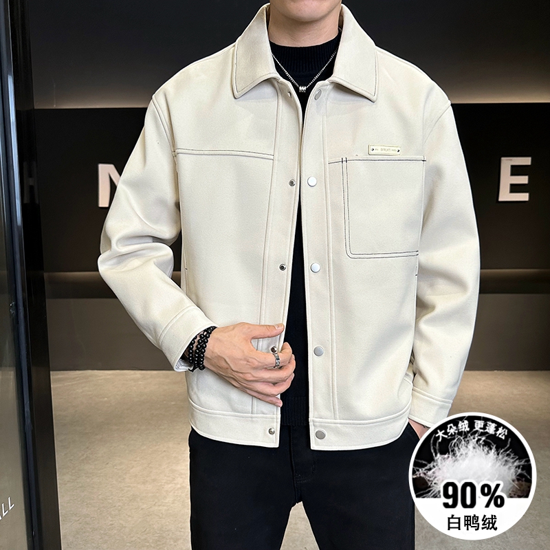 高品质男士羽绒服90白鸭绒夹克式百搭时尚昵料明显刺绣羽绒服外套