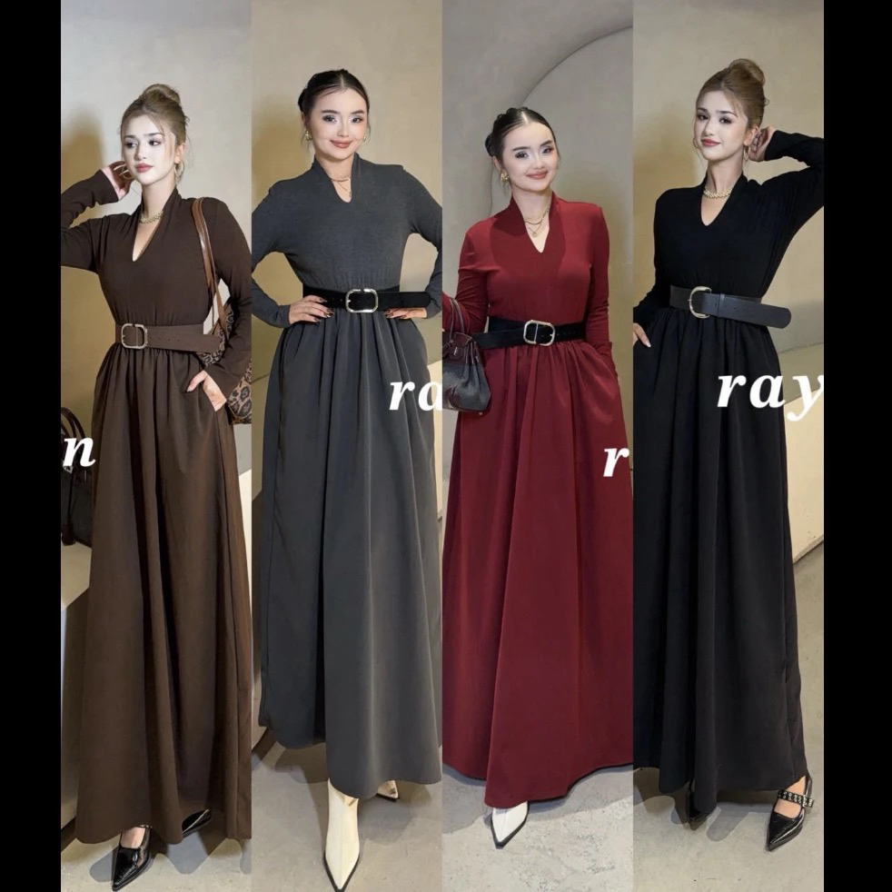 Rayhon秋冬复古V领假两件长袖连衣裙高腰显瘦遮肉气质A字长裙