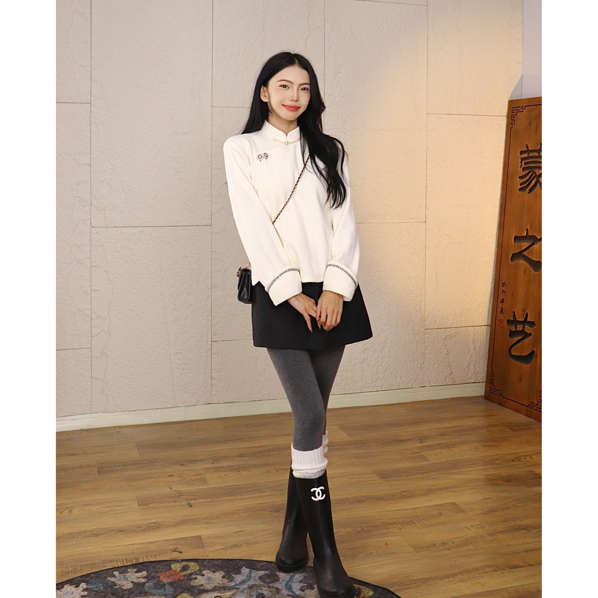 【蒙之艺】小香风米白色加绒款蒙古族元素斜襟外套