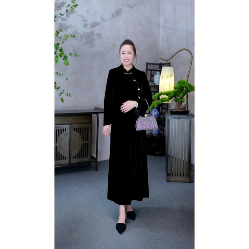 3【MIAOCI】90147时尚精质款宽松遮肉旗袍领喇叭分袖连衣裙