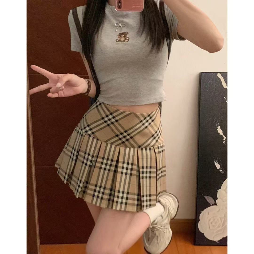 大牌格纹半身百褶裙女学院风夏季新款高腰显瘦百搭防走光a字短裙