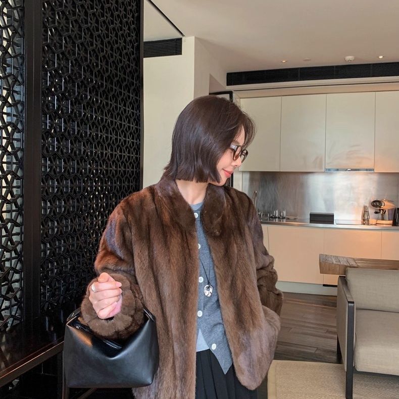人造皮草 冬新款女士仿貂毛皮草外套大衣立领贵气保暖好看咖色