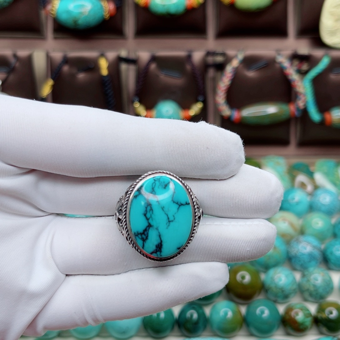 绿松石银S925镶嵌纯天然原矿绿松石