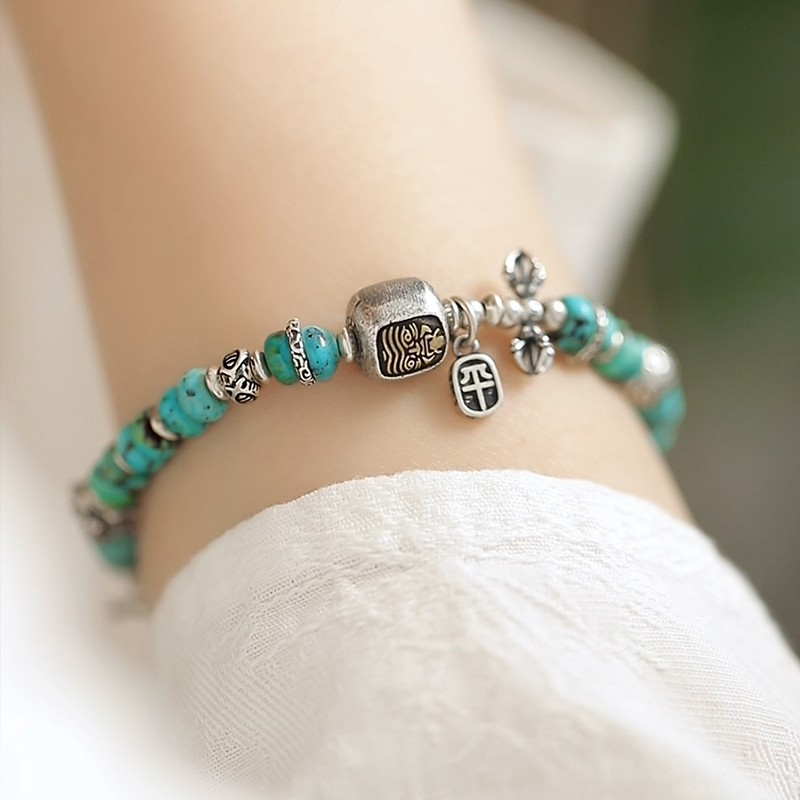 925银手链 S10042平安小方牌扎基拉姆桶珠绿色珠手链复古百搭国风