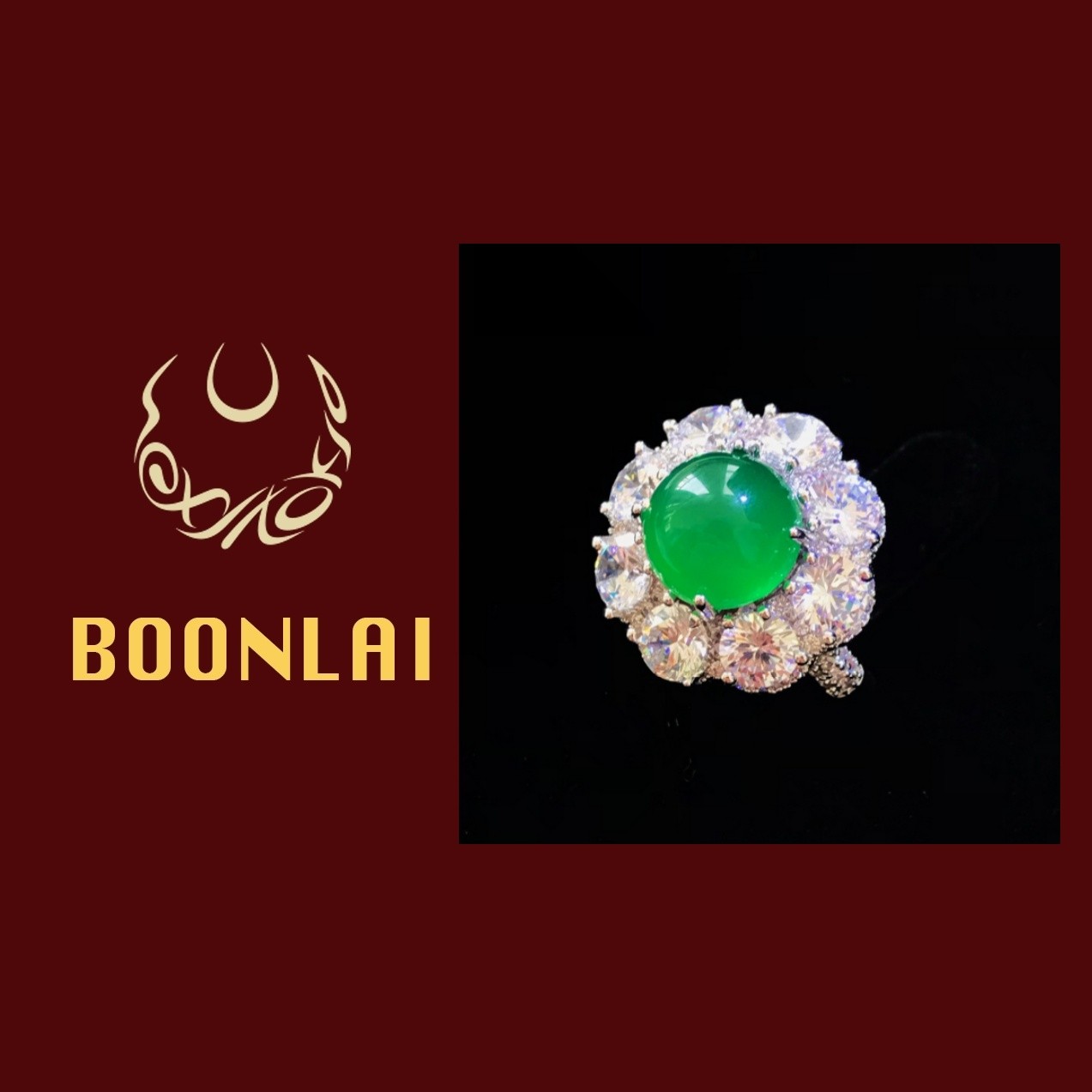 铜合金锆石戒指 Boonlai新中式绿色圆形镶钻国风戒指