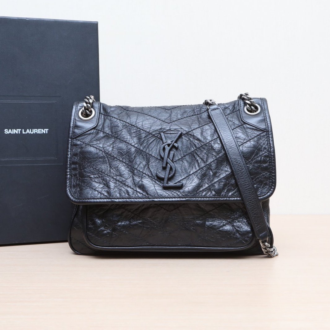 95新 YSL/圣罗兰 小花姑姑437842Niki 中号 28 D扣黑色包