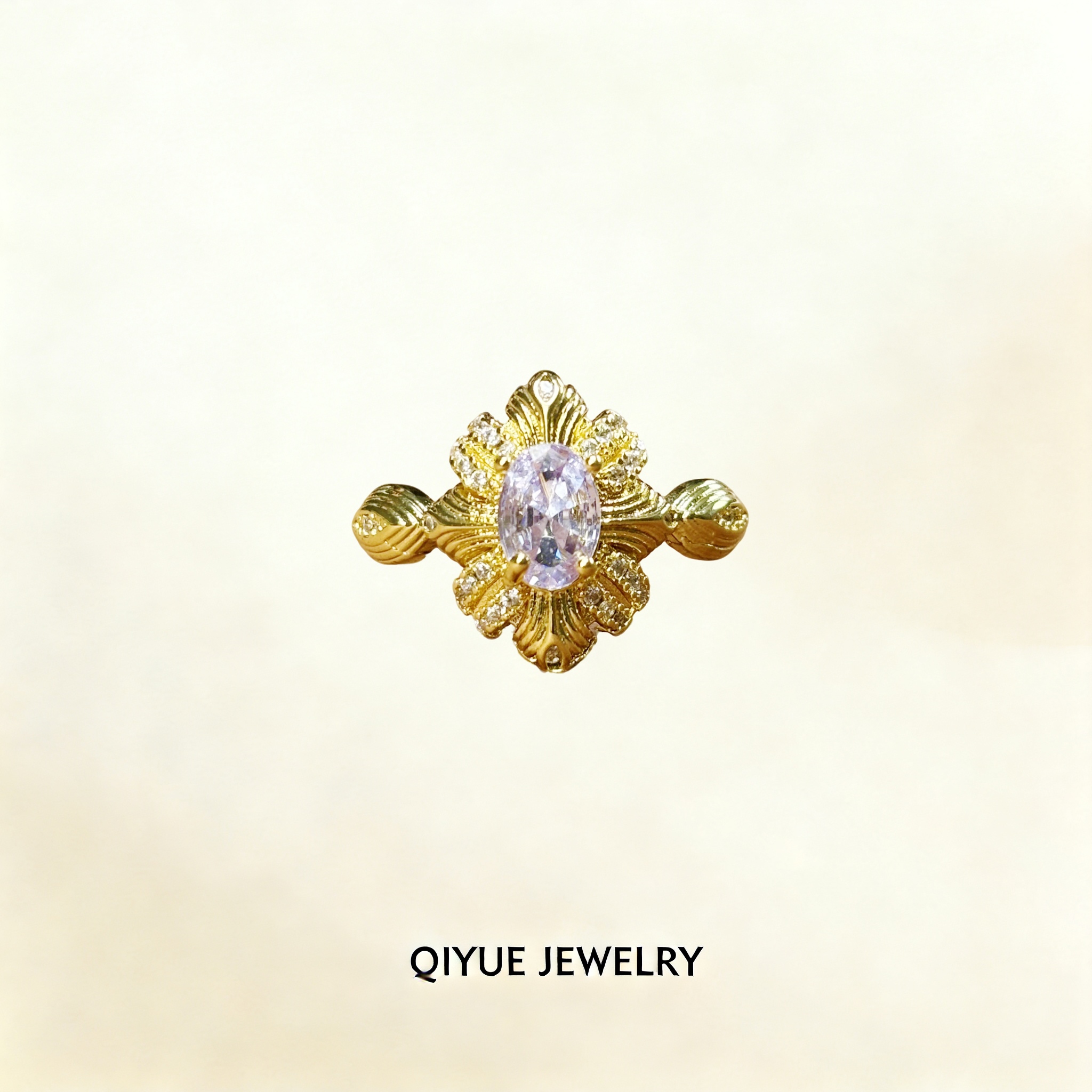 合金戒指 中古金枝钻蕊椭圆花朵戒指闭口不可调节