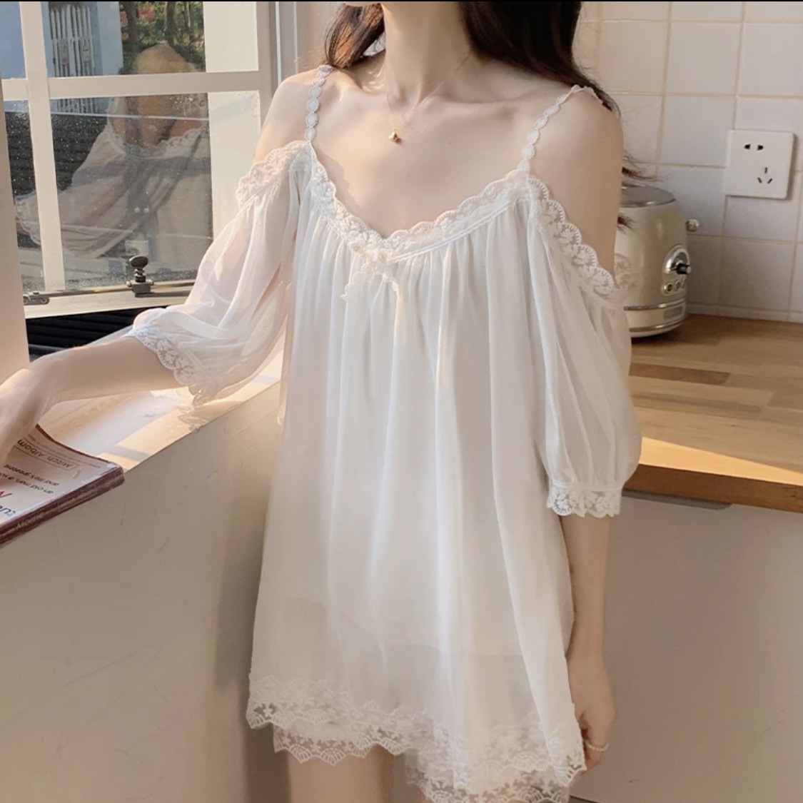 一字肩网纱睡衣套装夏季家居服薄款网红女士纯欲公主风秋季宫廷风