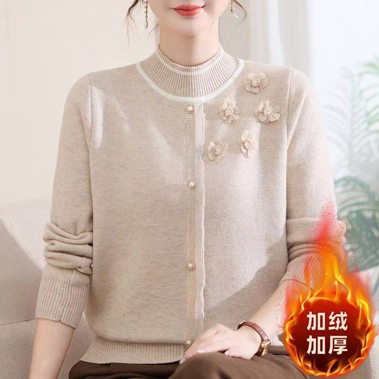 中老年女装中老年秋冬宽松针织衫针织衫加绒外套毛衣