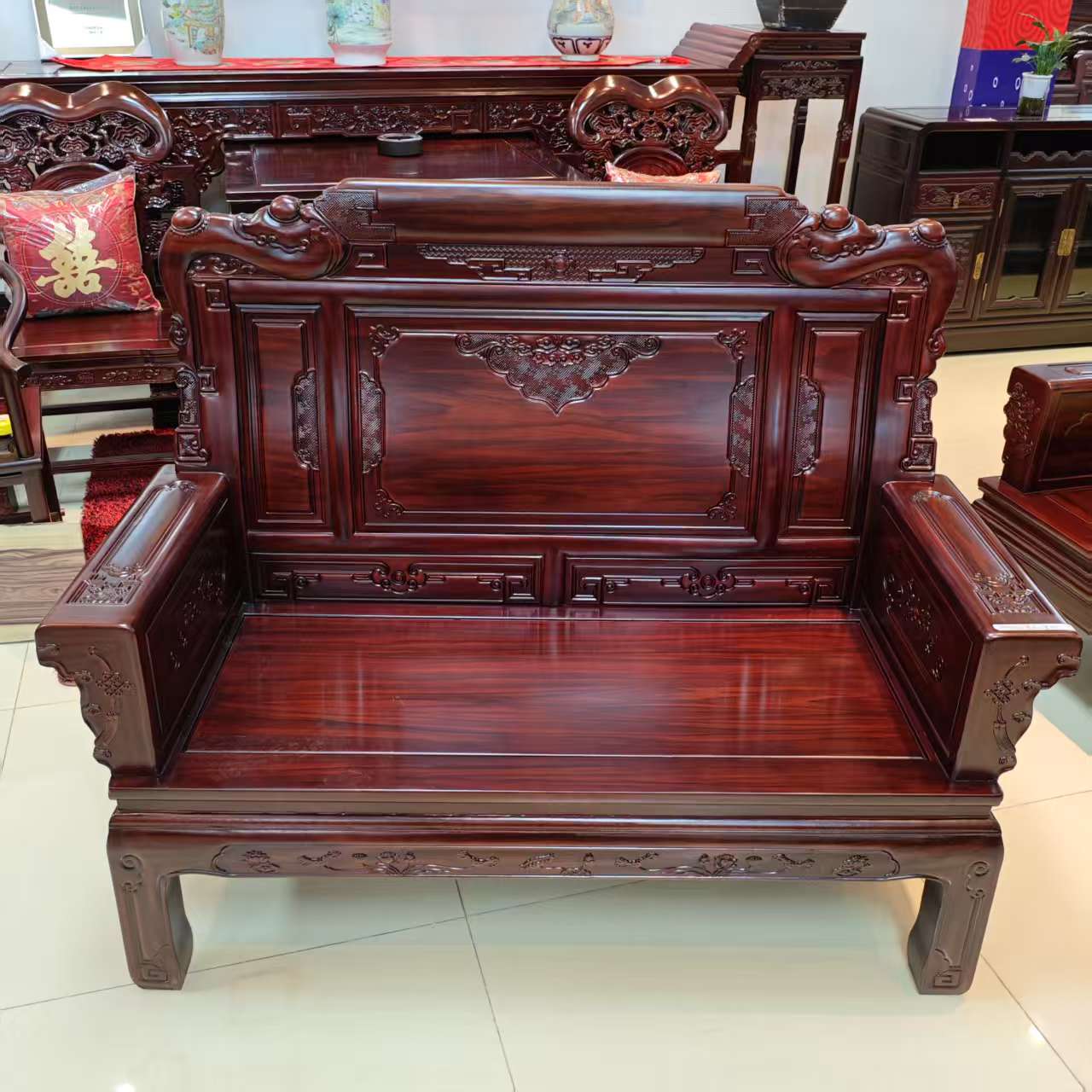 酸枝木孤品洋花如意双人位:长142宽60坐高40背高111