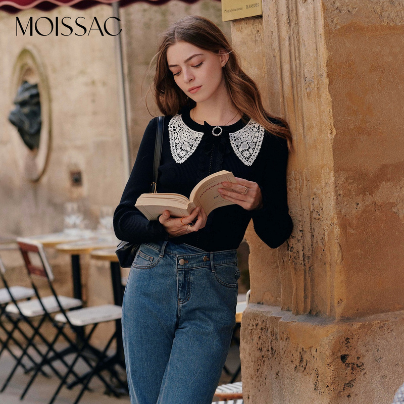 【小北专属】MOISSAC甜美蕾丝圆领法式蝴蝶结毛针织衫套头上衣女