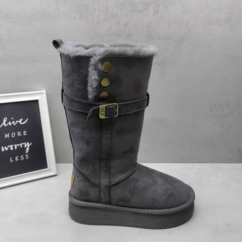 冬季加绒加厚灰色真皮厚底高筒两穿防水防滑百搭女雪地