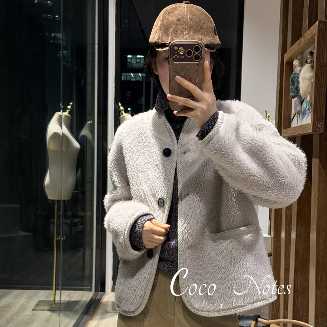 COCO NOTES XS25998 全羊毛原创设计针织领边两面穿羊羔毛外套