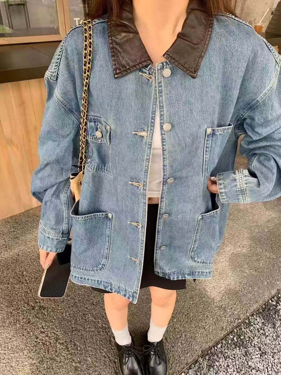 【伊娃的店】fano家 复古工装多口袋拼皮牛仔外套~版型绝绝子